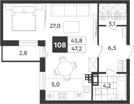 Планировка: Однокомнатная квартира 47 м² в «Дом на Бронницкой»