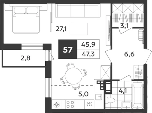 Планировка: Однокомнатная квартира 47 м² в «Дом на Бронницкой»