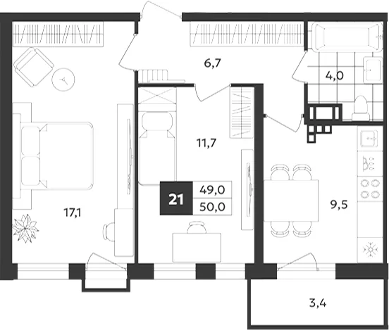 Планировка: Двухкомнатная квартира 50 м² в «Дом на Бронницкой»