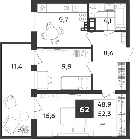 Планировка: Двухкомнатная квартира 52 м² в «Дом на Бронницкой»