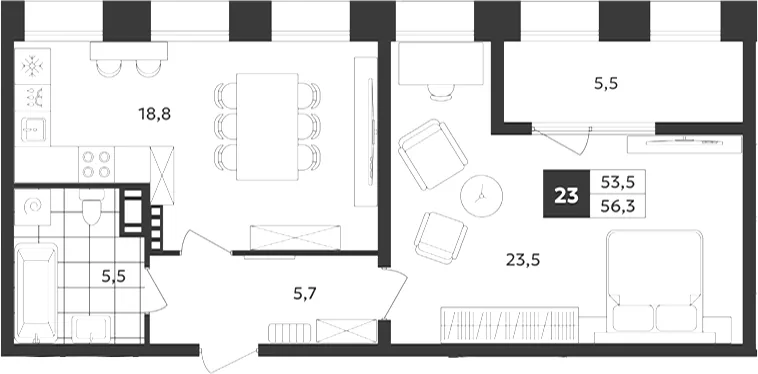 Планировка: Двухкомнатная квартира 56 м² в «Дом на Бронницкой»