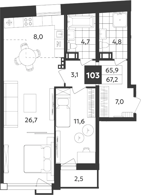 Планировка: Двухкомнатная квартира 67 м² в «Дом на Бронницкой»