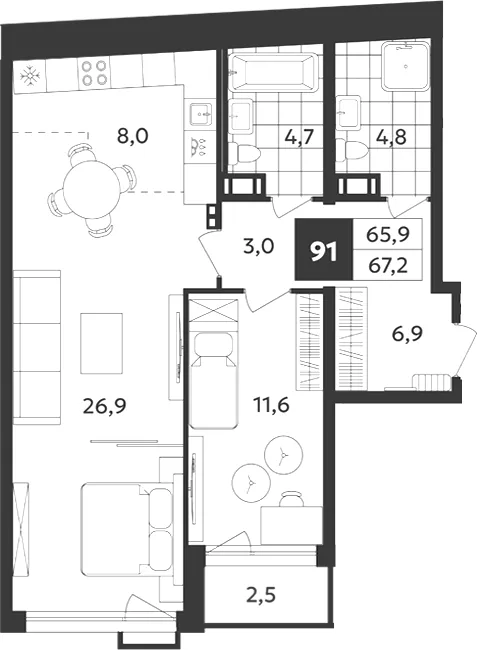 Планировка: Двухкомнатная квартира 67 м² в «Дом на Бронницкой»