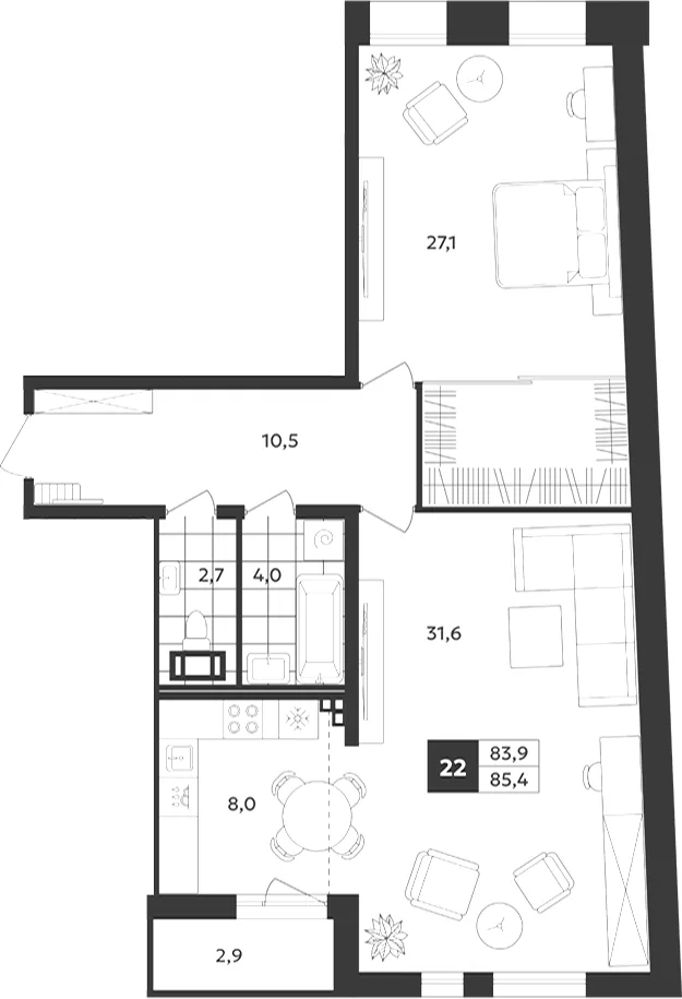 Планировка: Двухкомнатная квартира 85 м² в «Дом на Бронницкой»