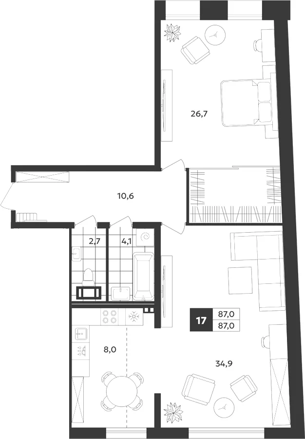 Планировка: Двухкомнатная квартира 87 м² в «Дом на Бронницкой»