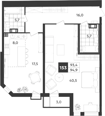 Планировка: Двухкомнатная квартира 95 м² в «Дом на Бронницкой»