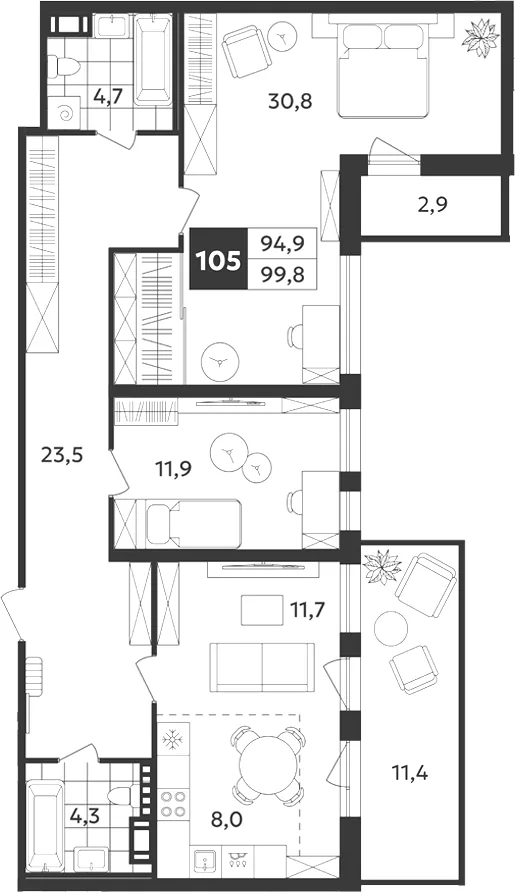 Планировка: Трёхкомнатная квартира 100 м² в «Дом на Бронницкой»