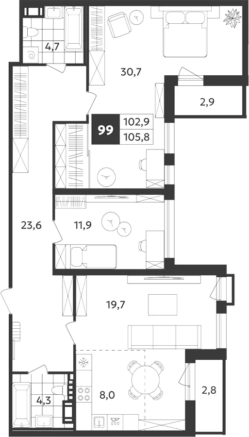 Планировка: Трёхкомнатная квартира 106 м² в «Дом на Бронницкой»