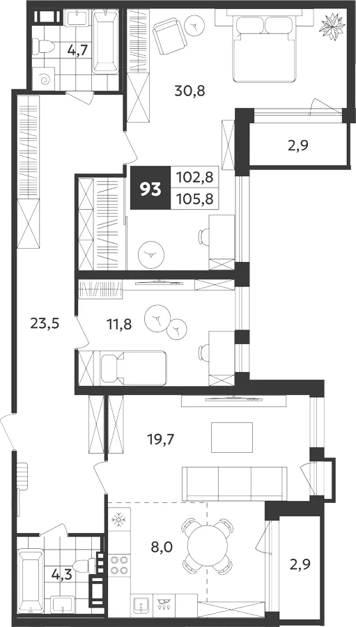 Планировка: Трёхкомнатная квартира 106 м² в «Дом на Бронницкой»