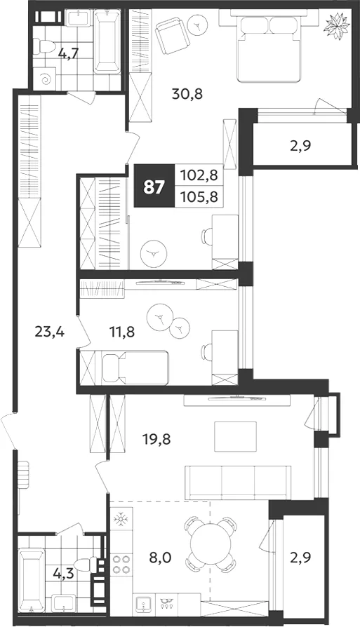 Планировка: Трёхкомнатная квартира 106 м² в «Дом на Бронницкой»