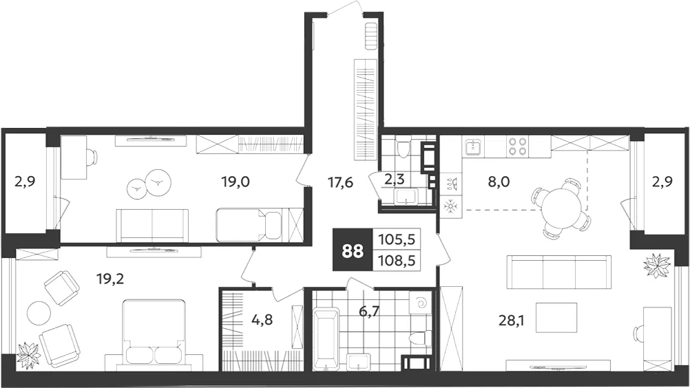 Планировка: Трёхкомнатная квартира 108 м² в «Дом на Бронницкой»