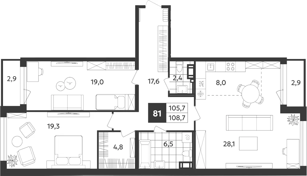 Планировка: Трёхкомнатная квартира 109 м² в «Дом на Бронницкой»