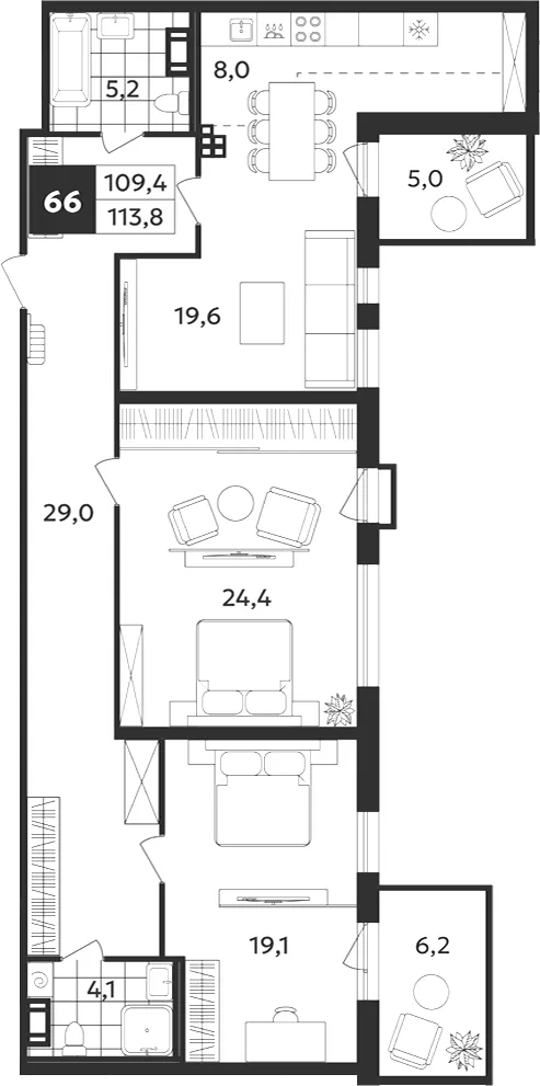 Планировка: Трёхкомнатная квартира 114 м² в «Дом на Бронницкой»