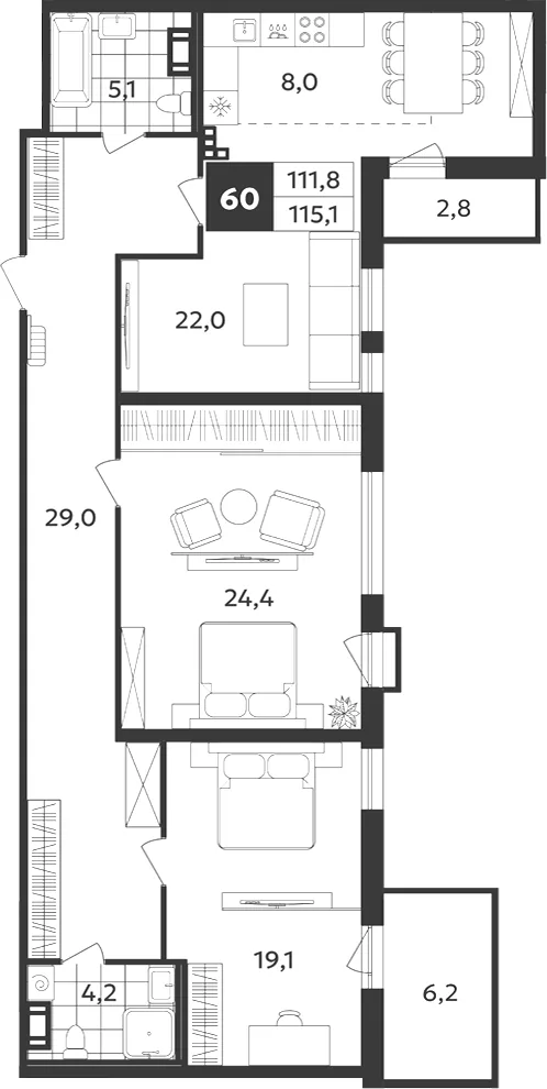 Планировка: Трёхкомнатная квартира 115 м² в «Дом на Бронницкой»