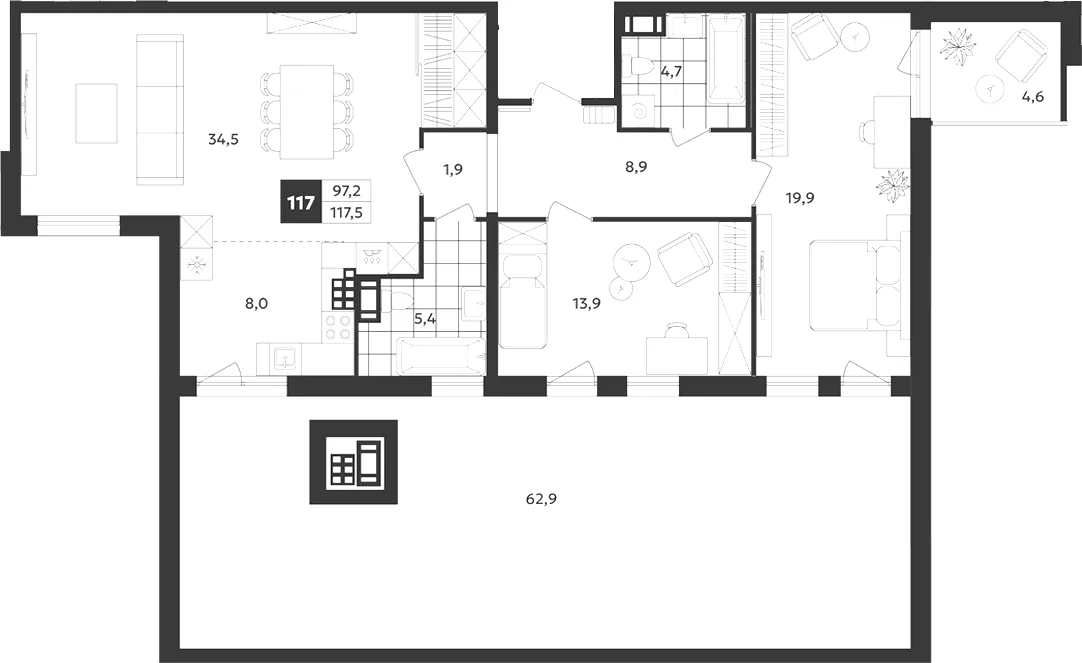 Планировка: Трёхкомнатная квартира 118 м² в «Дом на Бронницкой»