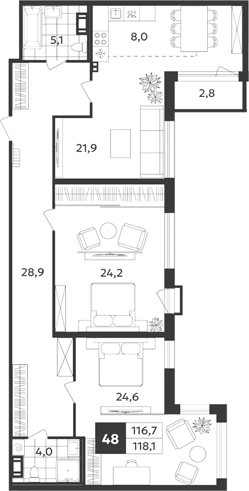 Планировка: Трёхкомнатная квартира 118 м² в «Дом на Бронницкой»