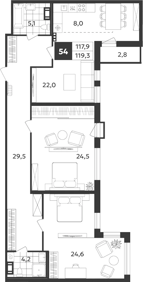 Планировка: Трёхкомнатная квартира 119 м² в «Дом на Бронницкой»