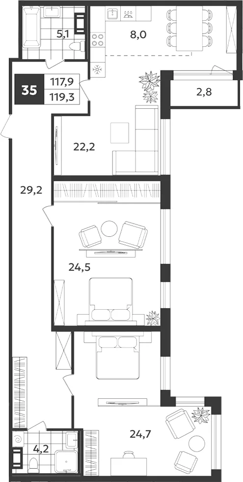 Планировка: Трёхкомнатная квартира 119 м² в «Дом на Бронницкой»