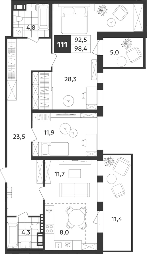 Планировка: Трёхкомнатная квартира 98 м² в «Дом на Бронницкой»
