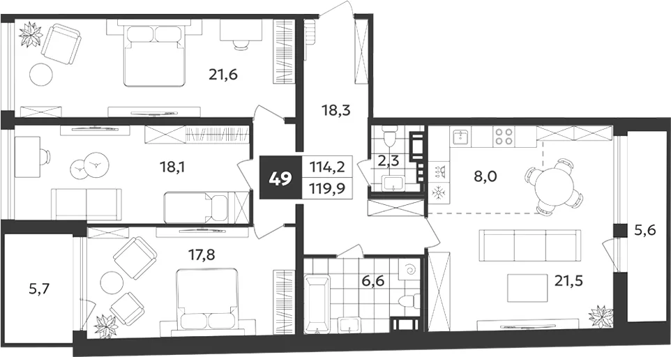 Планировка: Четырёхкомнатная квартира 120 м² в «Дом на Бронницкой»