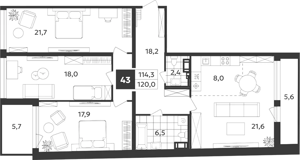 Планировка: Четырёхкомнатная квартира 120 м² в «Дом на Бронницкой»