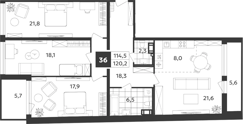 Планировка: Четырёхкомнатная квартира 120 м² в «Дом на Бронницкой»