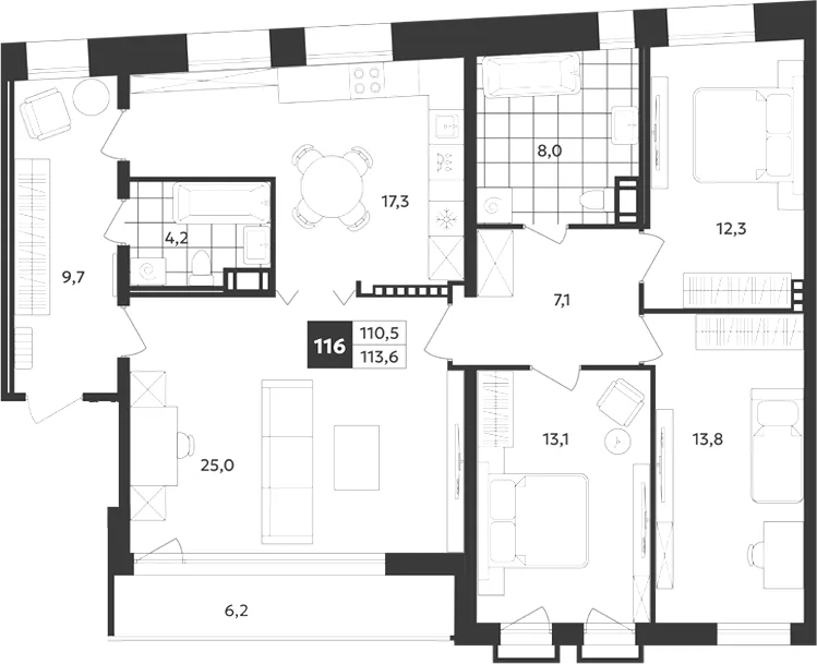 Планировка: Пятикомнатная квартира 114 м² в «Дом на Бронницкой»