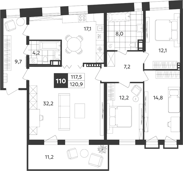 Планировка: Пятикомнатная квартира 121 м² в «Дом на Бронницкой»