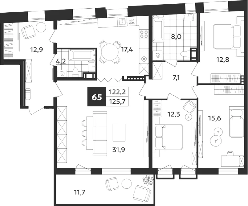 Планировка: Пятикомнатная квартира 126 м² в «Дом на Бронницкой»