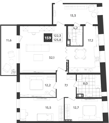 Планировка: Пятикомнатная квартира 126 м² в «Дом на Бронницкой»