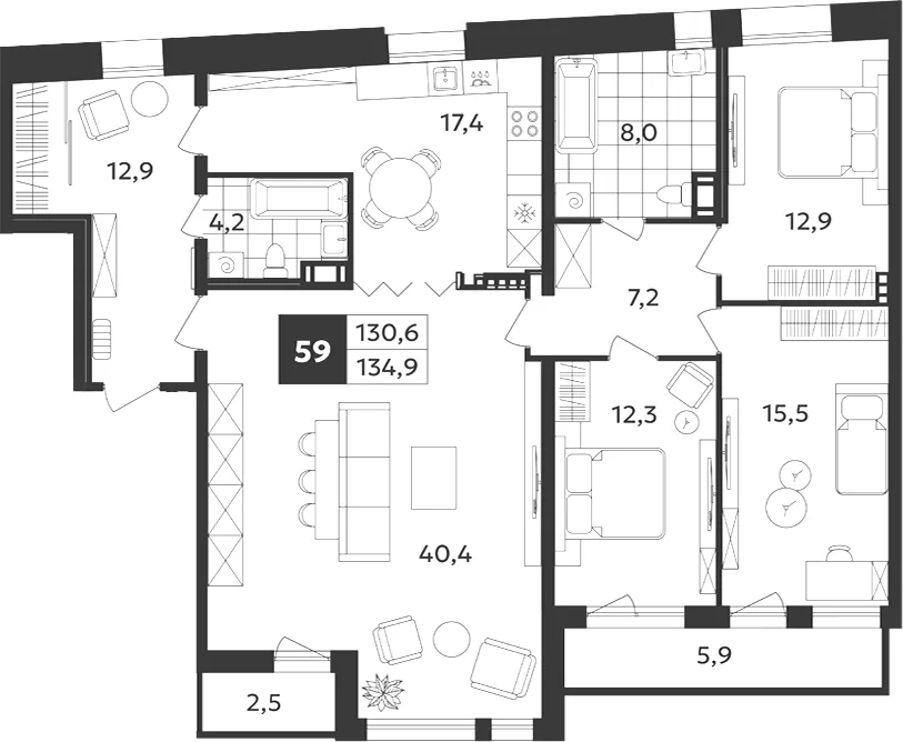 Планировка: Пятикомнатная квартира 135 м² в «Дом на Бронницкой»