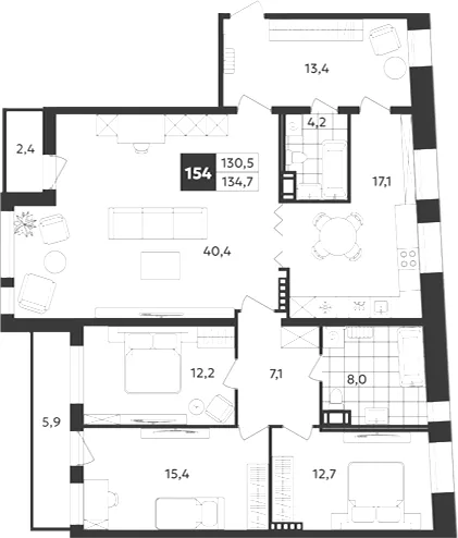 Планировка: Пятикомнатная квартира 135 м² в «Дом на Бронницкой»