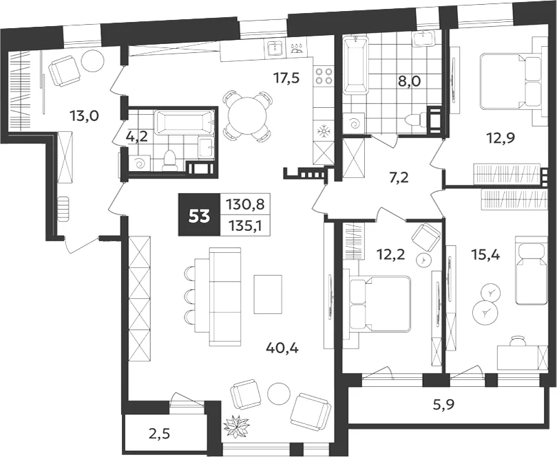 Планировка: Пятикомнатная квартира 135 м² в «Дом на Бронницкой»