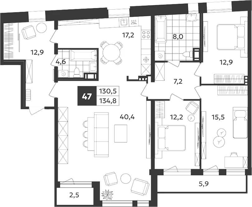 Планировка: Пятикомнатная квартира 135 м² в «Дом на Бронницкой»