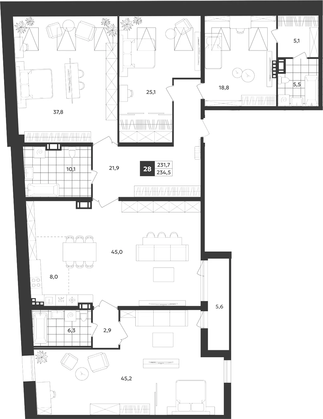 Планировка: Пятикомнатная квартира 234 м² в «Дом на Бронницкой»