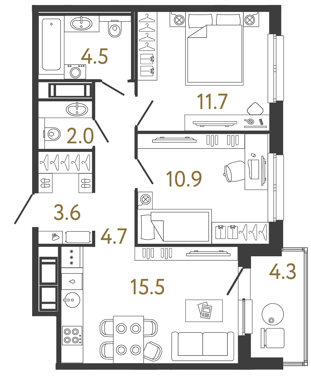 Планировка: Двухкомнатная квартира 53 м² в «Дом Передвижники»