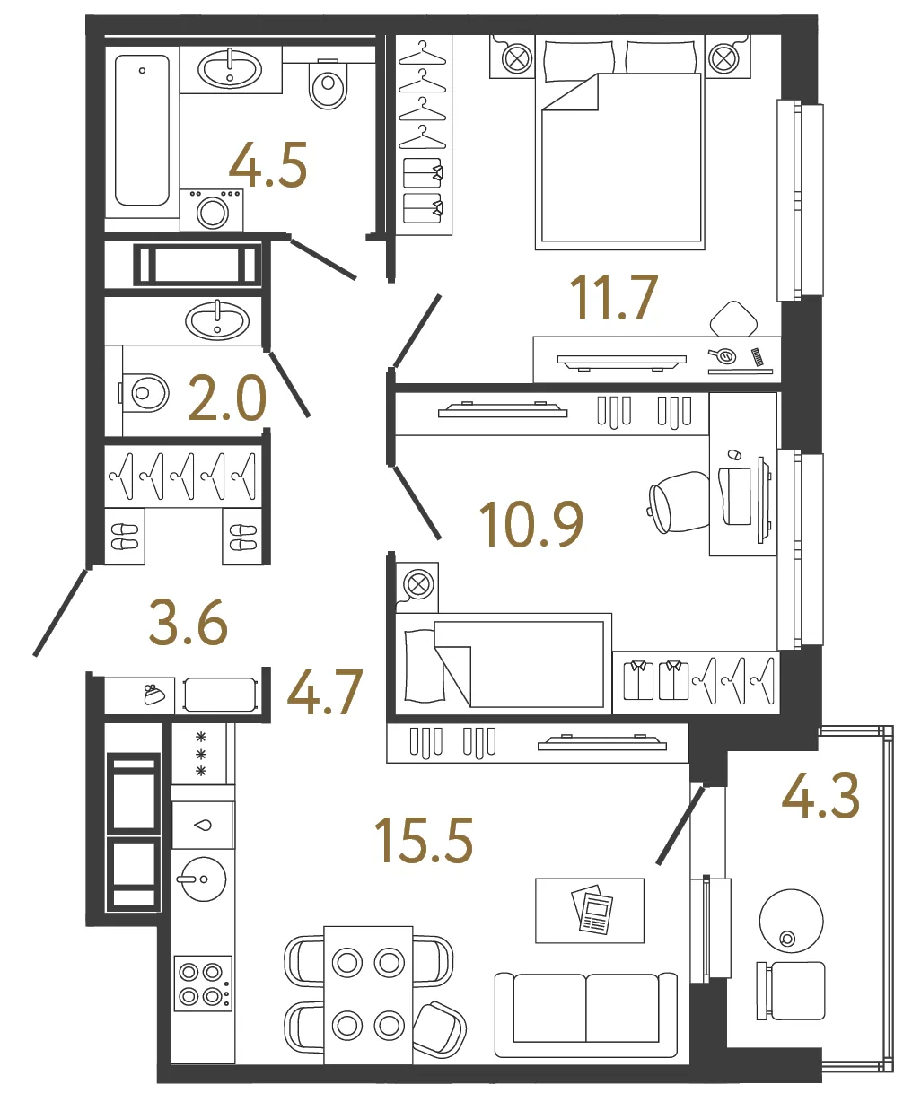 Планировка: Двухкомнатная квартира 53 м² в «Дом Передвижники»