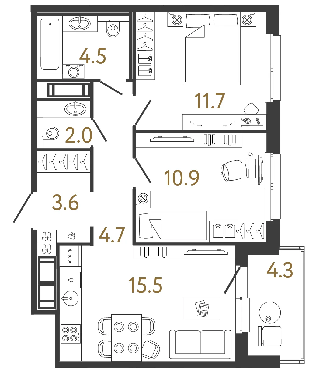 Планировка: Двухкомнатная квартира 53 м² в «Дом Передвижники»