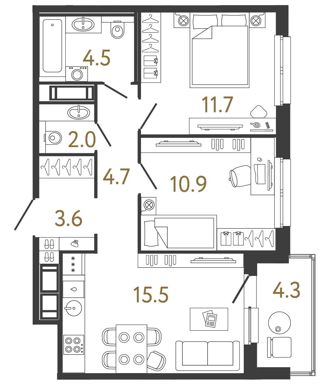 Планировка: Двухкомнатная квартира 53 м² в «Дом Передвижники»