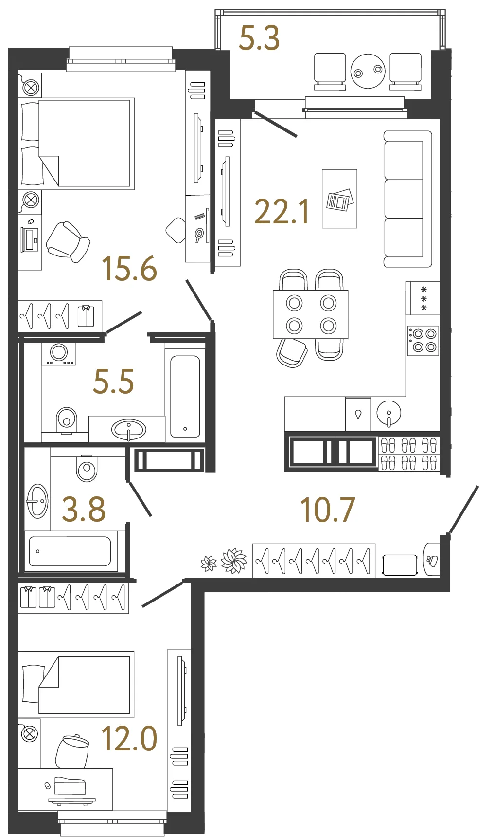 Планировка: Трёхкомнатная евро квартира 70 м² в «Дом Передвижники»