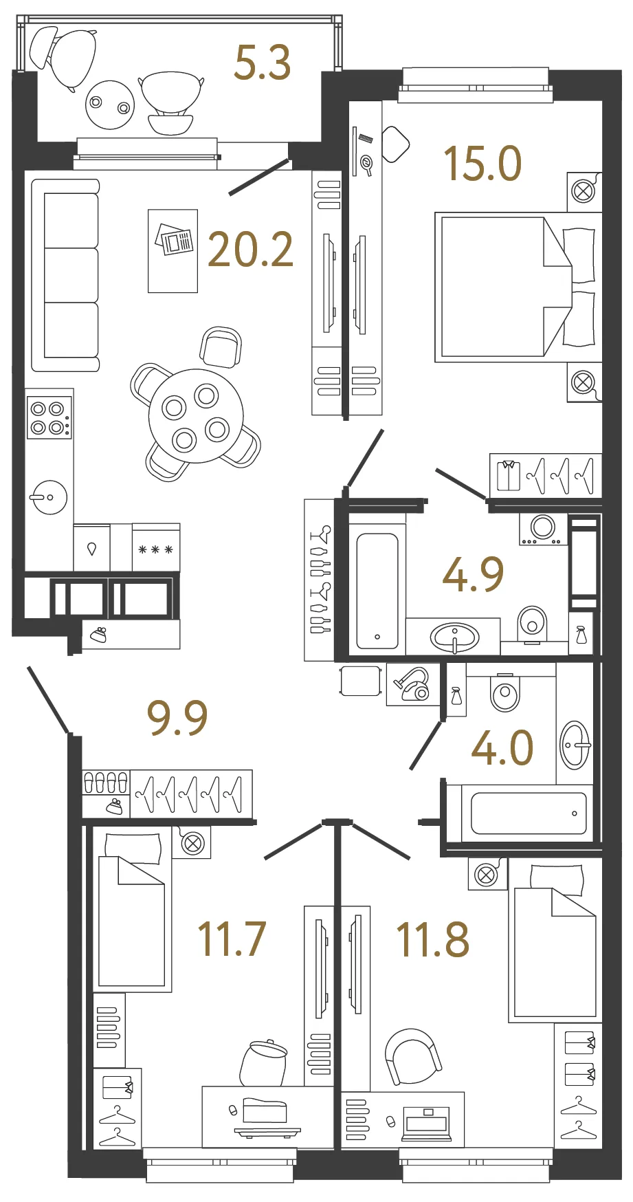 Планировка: Четырёхкомнатная евро квартира 78 м² в «Дом Передвижники»