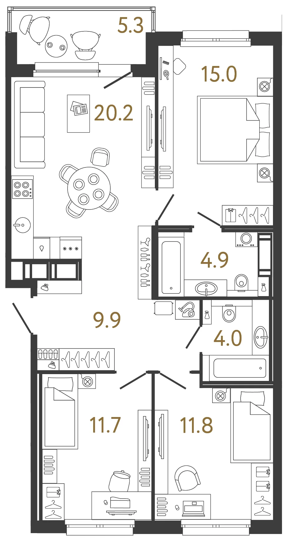 Планировка: Четырёхкомнатная евро квартира 78 м² в «Дом Передвижники»
