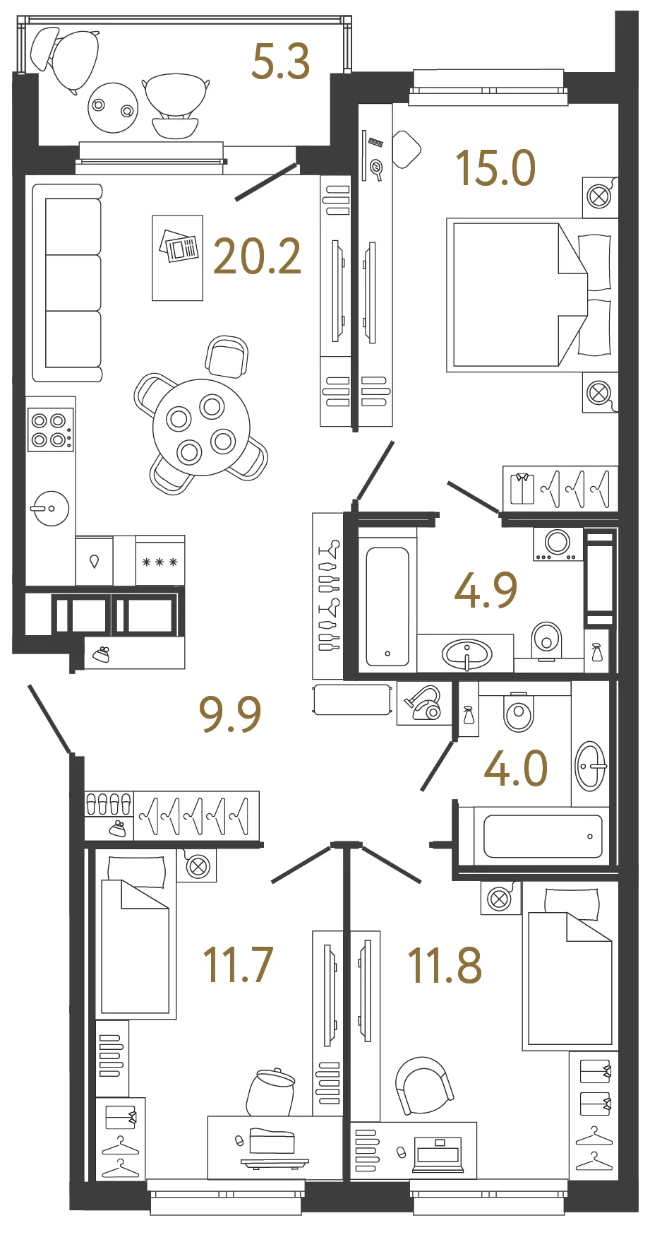 Планировка: Четырёхкомнатная евро квартира 78 м² в «Дом Передвижники»