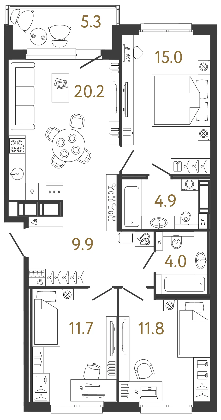 Планировка: Четырёхкомнатная евро квартира 78 м² в «Дом Передвижники»