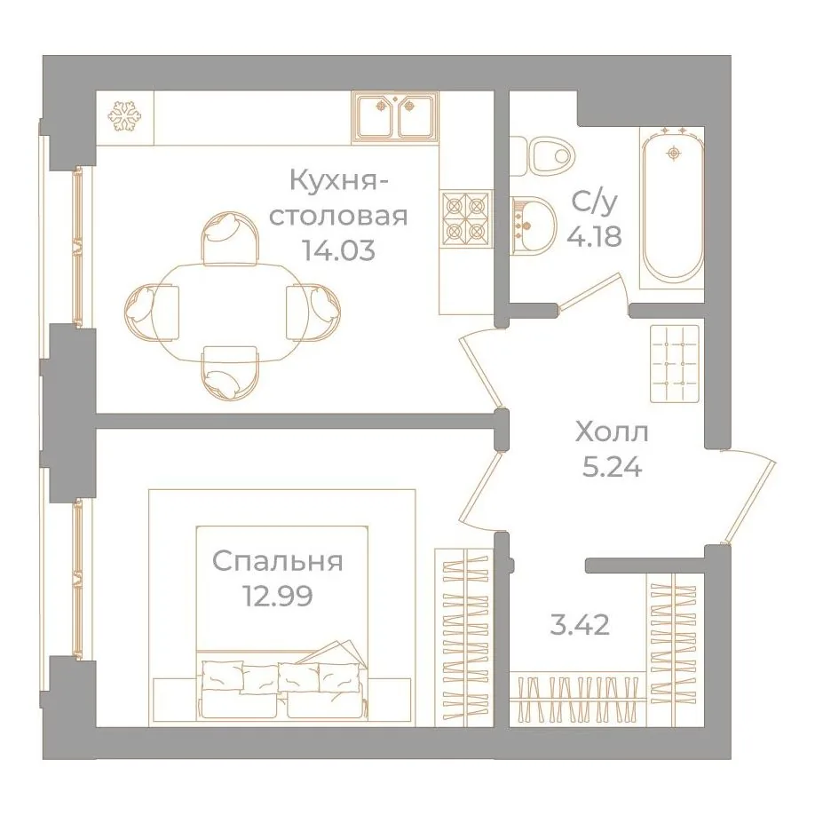 Планировка: Однокомнатная квартира 40 м² в «Фонтанка, 130»