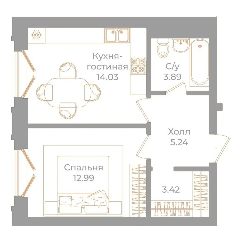 Планировка: Однокомнатная квартира 40 м² в «Фонтанка, 130»