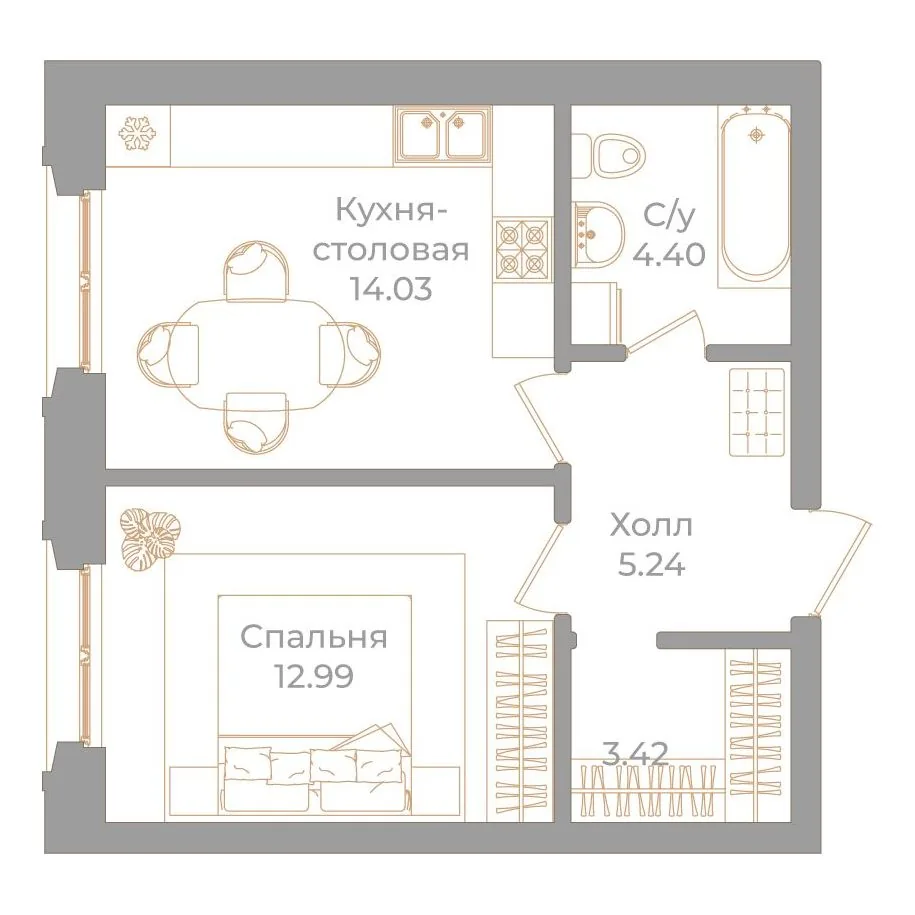 Планировка: Однокомнатная квартира 41 м² в «Фонтанка, 130»