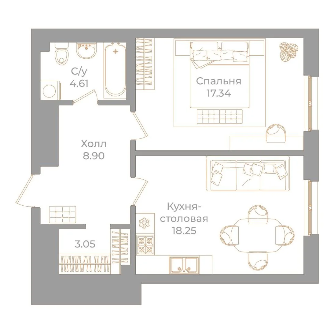Планировка: Однокомнатная квартира 52 м² в «Фонтанка, 130»