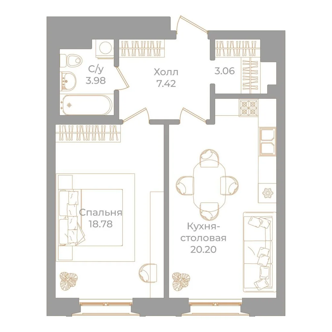 Планировка: Однокомнатная квартира 53 м² в «Фонтанка, 130»