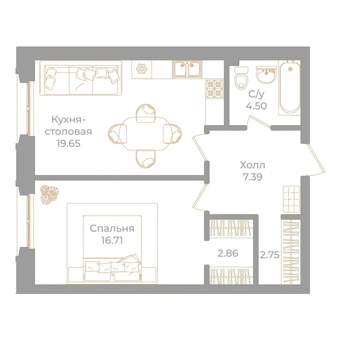 Планировка: Однокомнатная квартира 54 м² в «Фонтанка, 130»